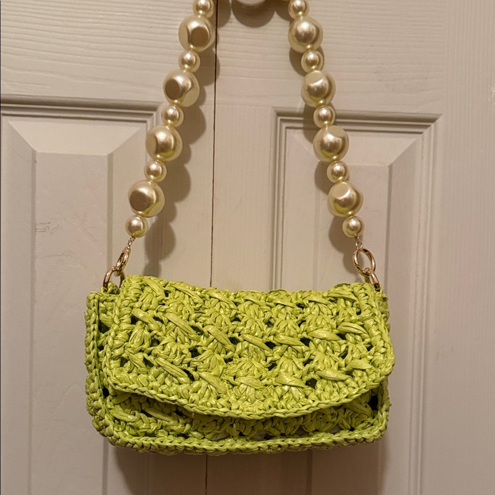 BTB Los Angeles Shiloh Green Woven Clutch/Shoulder Bag with Pearl Handle